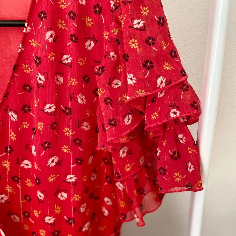 Madewell Red Floral Print Blouse / Tiered-Sleeve Peplum Top - Picture 4 of 7